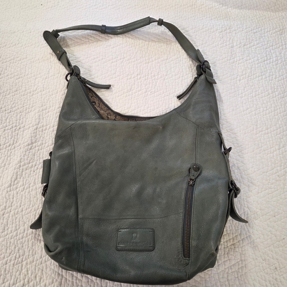 Aunts & Uncles Slate Gray Leather Hobo Shoulder Bag Paisley Lining Adjustable